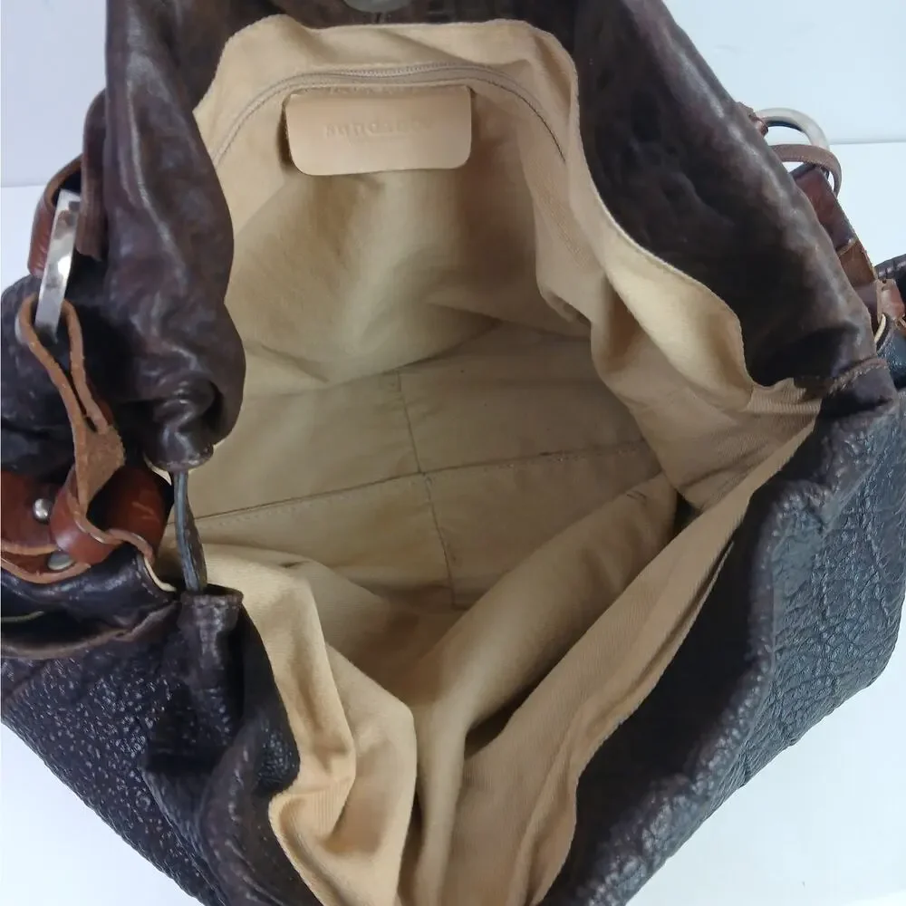 Sundance Textured Crinkled Calfskin Leather Satchel Brown Braided Handle Fringe